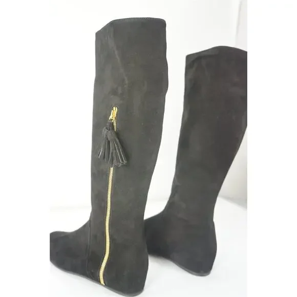 Stuart Weitzman Tass black suede wedge Tall boots size 6.5 New $635 gold zip